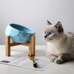 Pet bowl oblique mouth cat bowl food bowl dog bowl method bucket food bowl (Option: Blue)