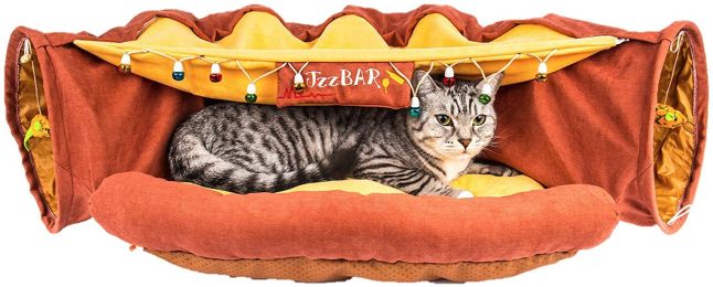 Cat Tunnel Toy Bed with Cushion Mat with Pop up Collapsible 2 Way Tube and Scratching Ball Interactive Toy Peak Hole Hideout House for Cat Puppy (Color: Brown)